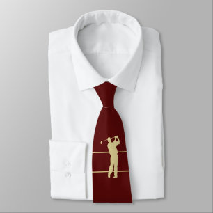Gold Silhouette Golfer on Maroon Red Neck Tie