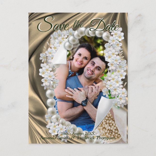 Gold Silk  & Ivory Pearls Save the Date Announcement Postcard (Front)