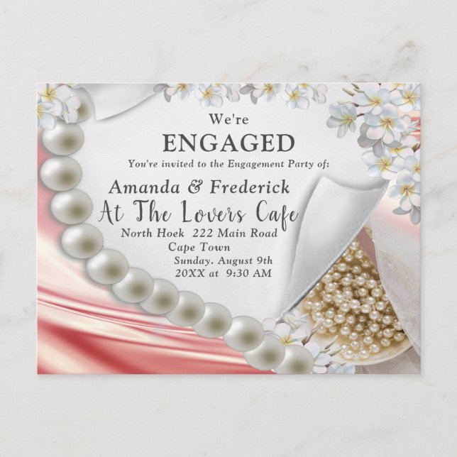 gold Silk & Pearls Engagement Inv Invitation Postcard (Front)