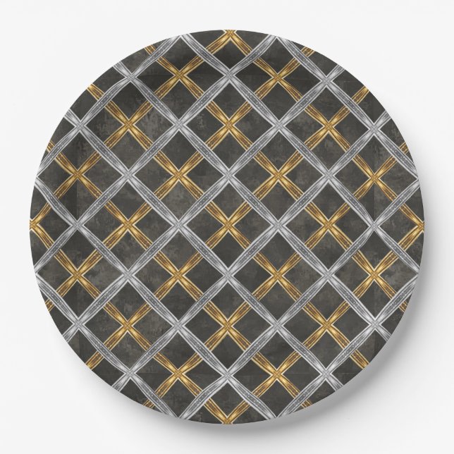 Gold, Silver, and Black Laced Pattern Paper Plate (Front)