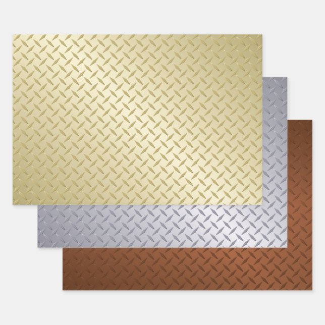 Gold Silver And Bronze Diamond Plate Pattern Wrapping Paper Sheet (Set)