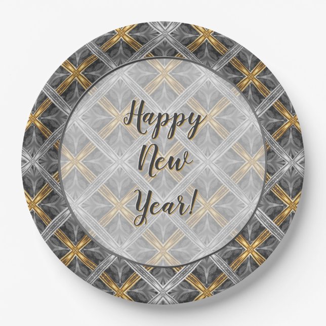 Gold, Silver, and Grey Laced Diamonds Pattern Paper Plate (Front)