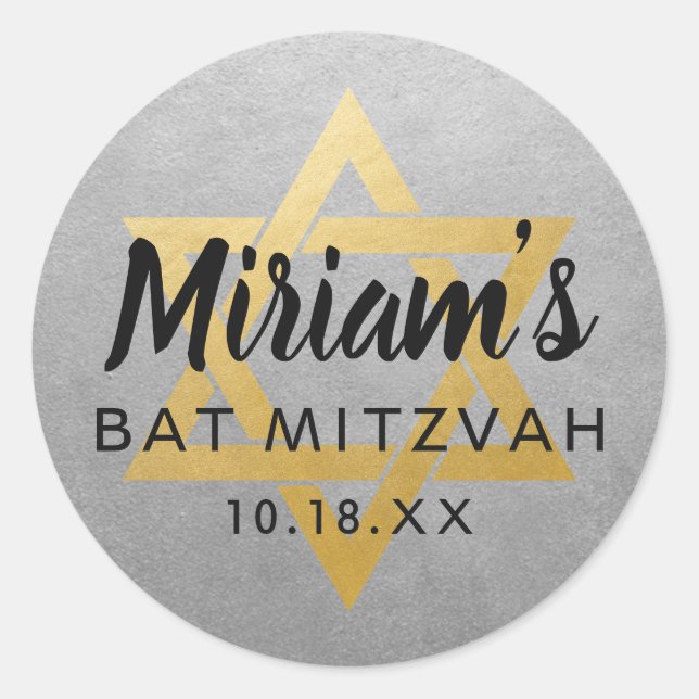 Gold Silver Bat Mitzvah Star of David Name Classic Round Sticker (Front)