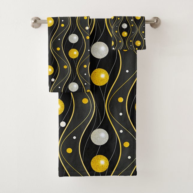 Gold Silver Black Art Deco Pattern Bath Towel Set (Insitu)