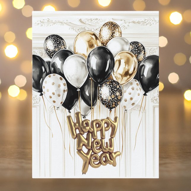 Gold Silver Black Balloons Happy New Year Holiday Postcard (Creator Uploaded)