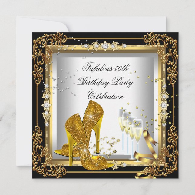 Gold Silver Black Birthday Party High Heel Invitation (Front)