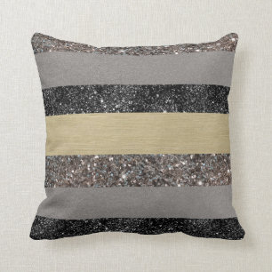 Gold Silver Black Glitter Glam Stripes #1 (Faux Gl Cushion