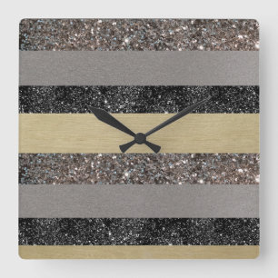 Gold Silver Black Glitter Glam Stripes #1 Square Wall Clock