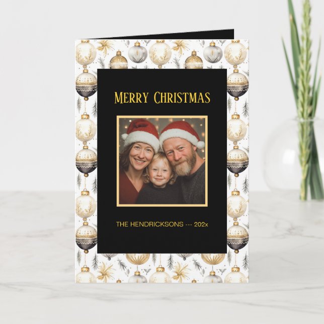 Gold Silver Black Ornaments Photo Christmas Card (Front)