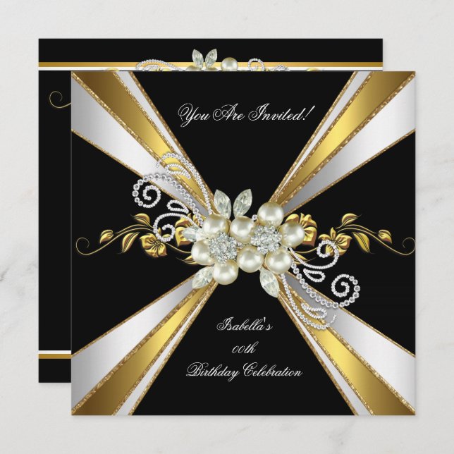 Gold Silver Black White Diamond Pearl Birthday 5 Invitation (Front/Back)
