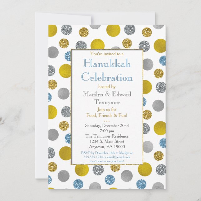 Gold Silver Blue Dots Hanukkah Invitation (Front)
