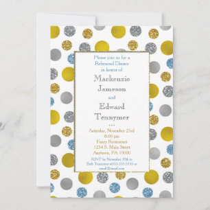 Gold Silver Blue Dots Rehearsal Dinner Invitation
