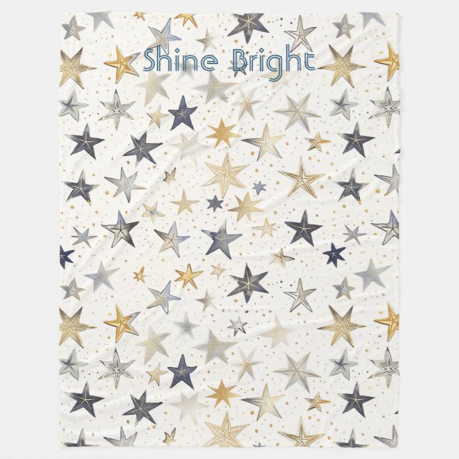 Gold Silver Blue Stars Fleece Blanket (Front)