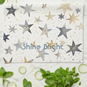 Gold Silver Blue Stars Tea Towel