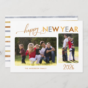 Gold Silver Bronze Happy New Year 2 Photos Holiday Card