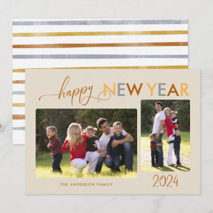 Gold Silver Bronze Happy New Year 2 Photos Holiday Card