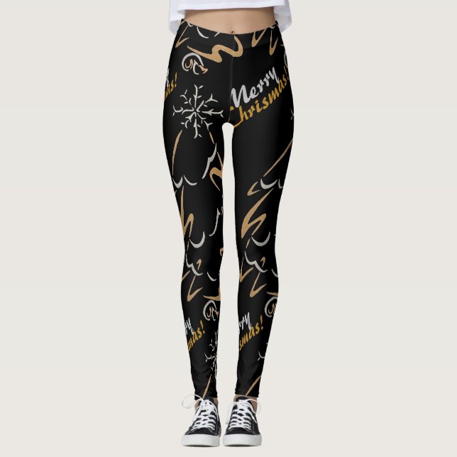 Gold & Silver Chrismas Tree (black) Leggings (Front)