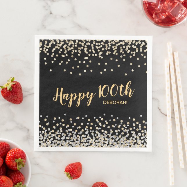 Gold Silver Confetti 100th Birthday Party Napkin (Insitu)