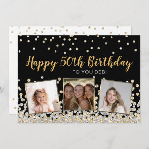 Gold Silver Confetti Photo Collage 50th Birthday Card