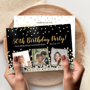 Gold Silver Confetti Photo Collage 50th Birthday Invitation
