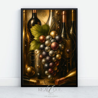 Gold Silver Copper Grapes & Wine Graphic Art Poster