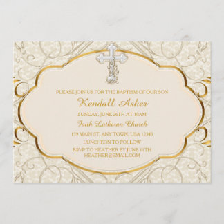 Gold & Silver Cross Baptism Christening Invitation