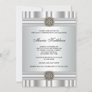 Gold Silver Cross Girls First Communion Invitation