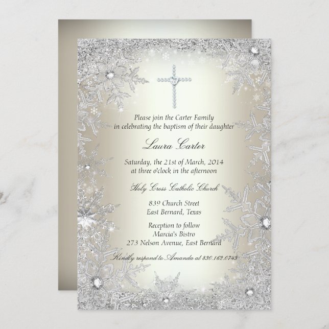 Gold Silver Crystal Snowflake Baptism/Christening Invitation (Front/Back)