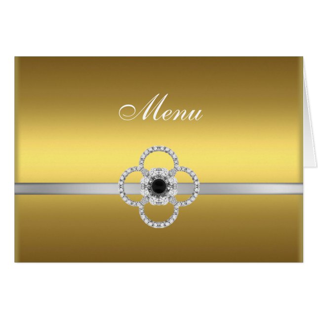 Gold Silver Diamond Black Jewel Menu Note Card (Front Horizontal)