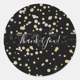 Gold & Silver Diamond Bling Confetti Black Favour Classic Round Sticker