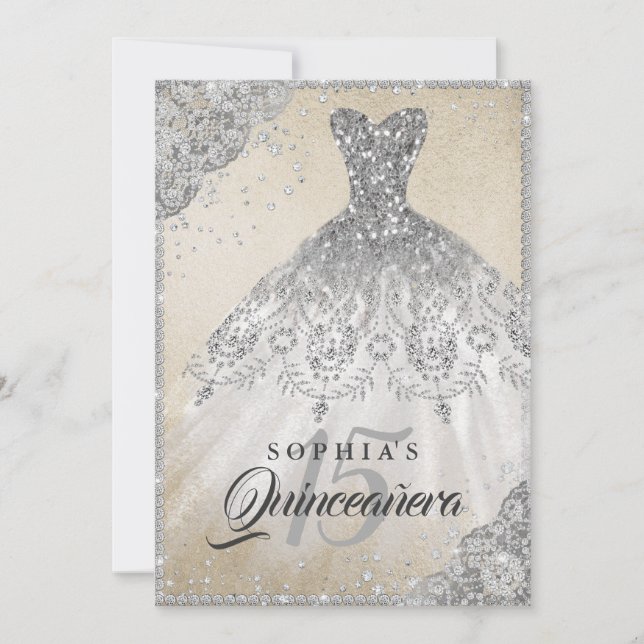 Gold Silver Diamond Lace Sparkle Gown Quinceanera Invitation (Front)