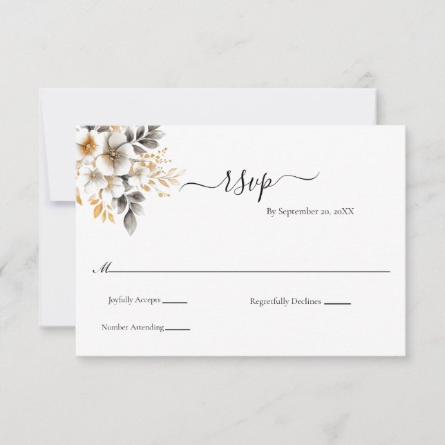 Gold Silver Floral Botanical Classic Wedding RSVP Card (Front)