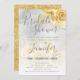 Gold Silver Floral Glitter Bridal Shower Invitation