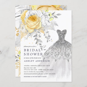 Gold & Silver Floral Wedding Dress Bridal Shower Invitation