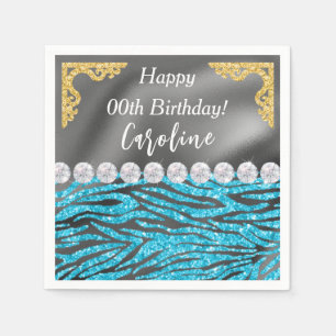 Gold Silver Foil & Light Blue Zebra Print Birthday Napkin