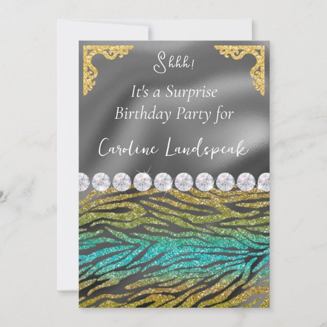 Gold Silver Foil & Teal Green Zebra Print Birthday Invitation (Front)