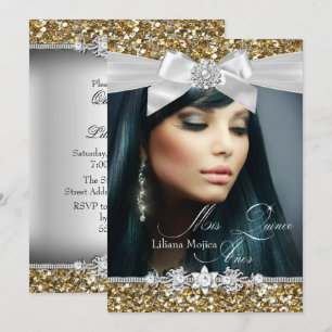 Gold Silver Glitter Bow Photo Quinceanera Invite