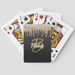 Gold Silver Glitter Drip Monogram Sparkle on Black Playing Cards