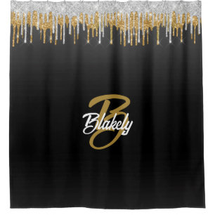 Gold Silver Glitter Drip Monogram Sparkle on Black Shower Curtain