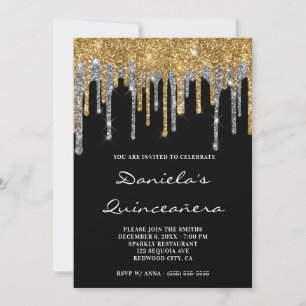 Gold Silver Glitter Drips Black Quinceañera Invitation