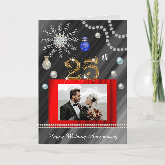 Gold Silver Glitter Gems 25th Wedding Anniversary  Card (Front)