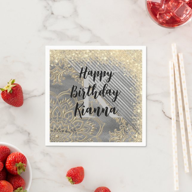 Gold Silver Glitter Mandala Monogram Birthday      Napkin (Insitu)