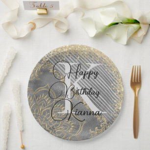 Gold SIlver Glitter Mandala Monogram Birthday Paper Plate