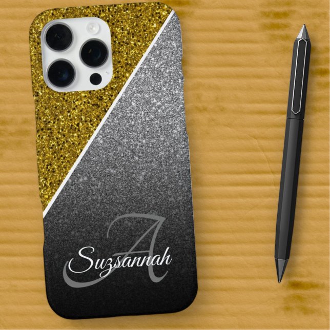 Gold Silver Glitter Ombre Chic Name Monogram  iPhone Case (gold and black ombre faux glitter monogram phone case)