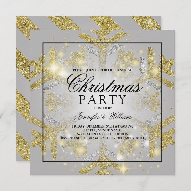 Gold & Silver Glitter Xmas Holiday Party Invitation (Front/Back)