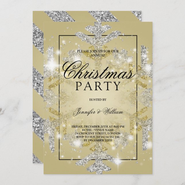 Gold & Silver Glitter Xmas Holiday Party Invitation (Front/Back)