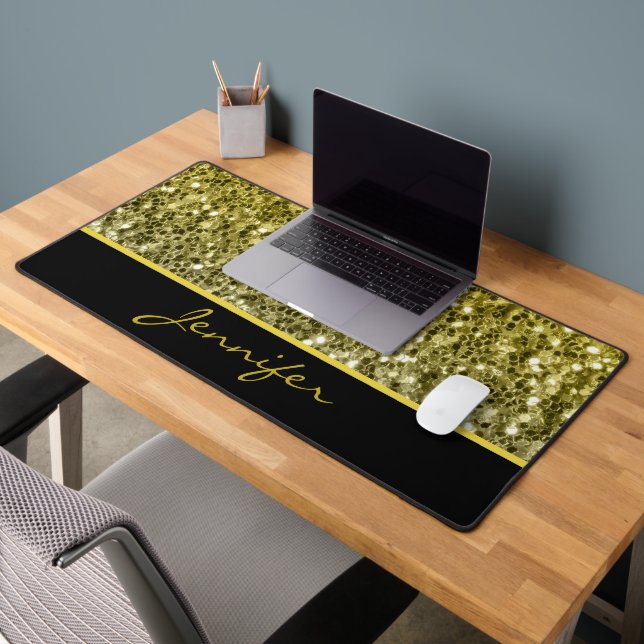 Gold silver glitters sparkles black Custom name Desk Mat (Office 2)
