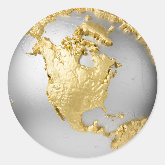 Gold, Silver Globe. North America. 3d Rendering Classic Round Sticker (Front)