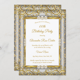 Gold Silver Grey White Pearl Photo Birthday Party Invitation