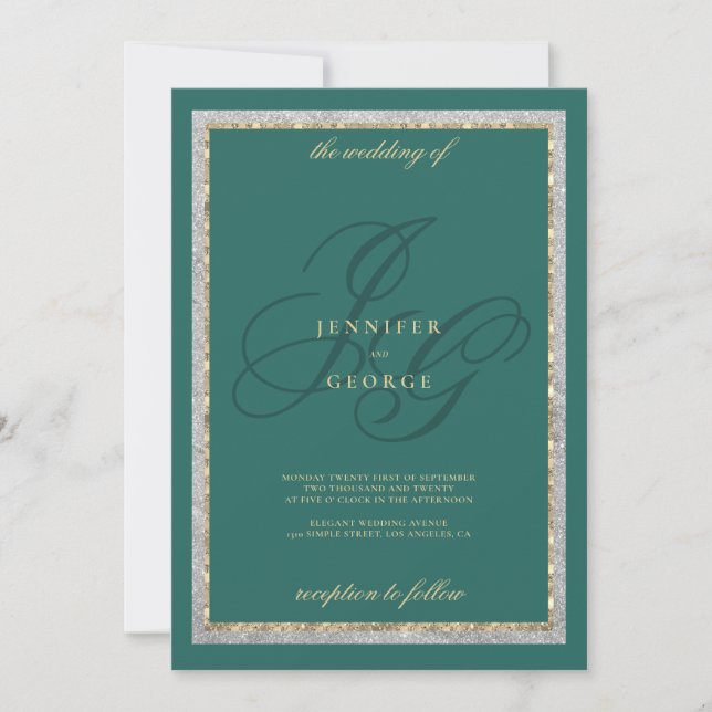 Gold silver jade green monogram initals wedding invitation (Front)